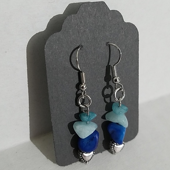 Jewelry - Handmade earrings blue chips with heart bead J12